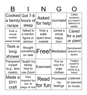 APIDA Mental Health Bingo Card