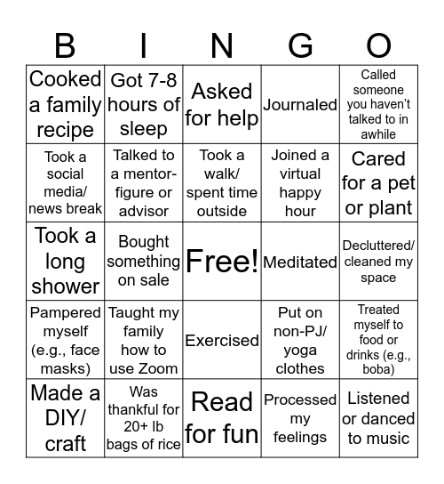 APIDA Mental Health Bingo Card
