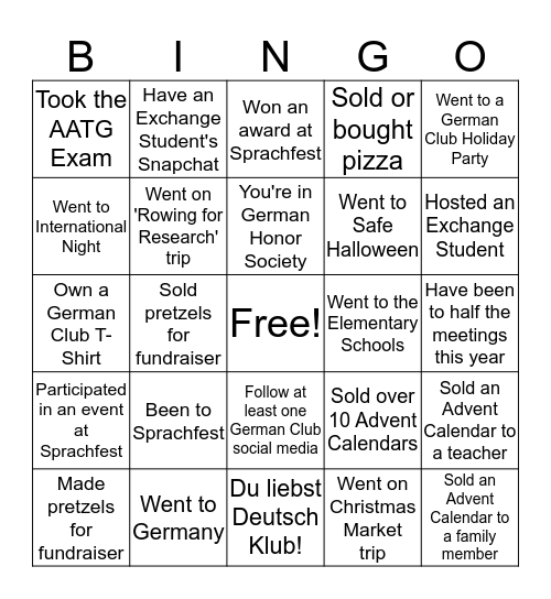 German Club Bingo Card