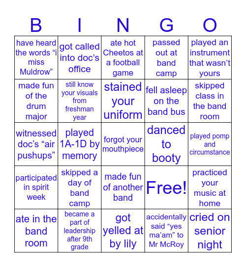 CSHS Band Bingo Card