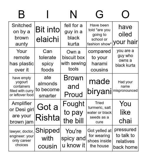 Desi Bingo Card