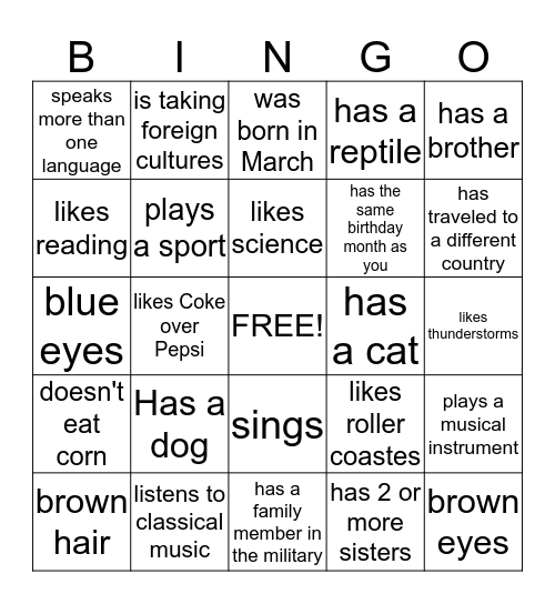 First Day "Get to Know You" Bingo Card