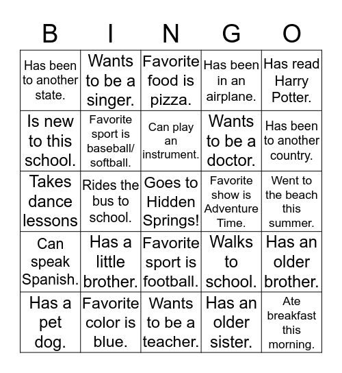 Classmate Bingo! Bingo Card