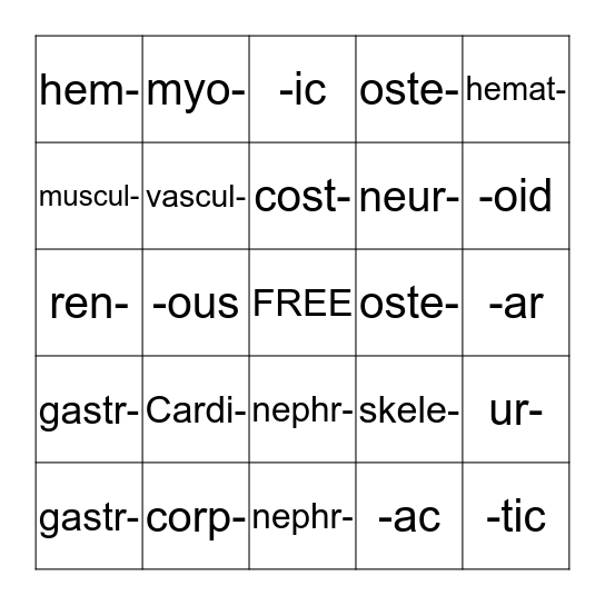 Root Words Chpt 2 Bingo Card