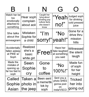 Sophie Bingo Card