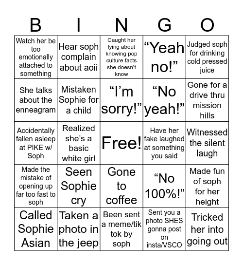 Sophie Bingo Card