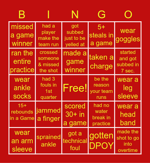 Basketball Bingo Card