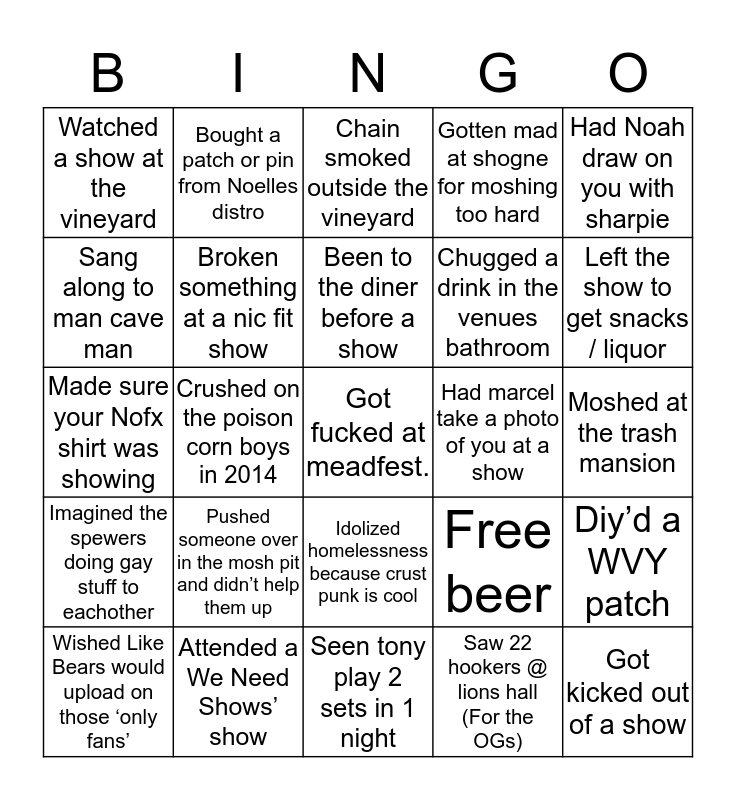 Chilliwack Scum Bingo Card