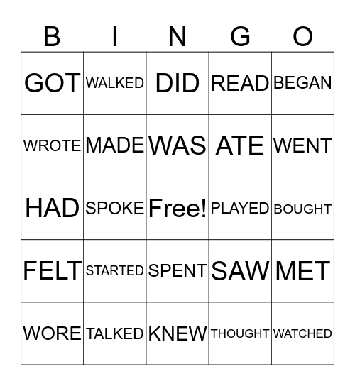 SIMPLE PAST VERBS Bingo Card