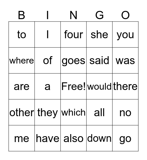 Tricky Word Bingo Card