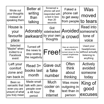 Introvert Bingo Card