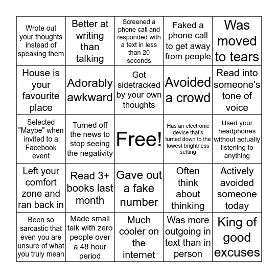 Introvert Bingo Card