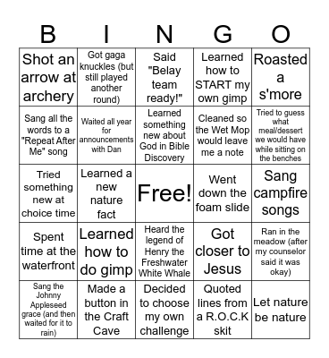 Gretna Glen Bingo Card