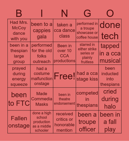 CCA Theatre Bingo Card