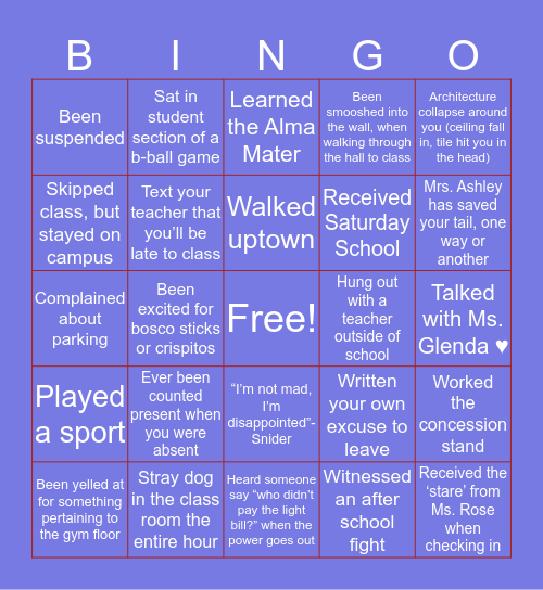 COOTER HIGH SCHOOL Bingo Card