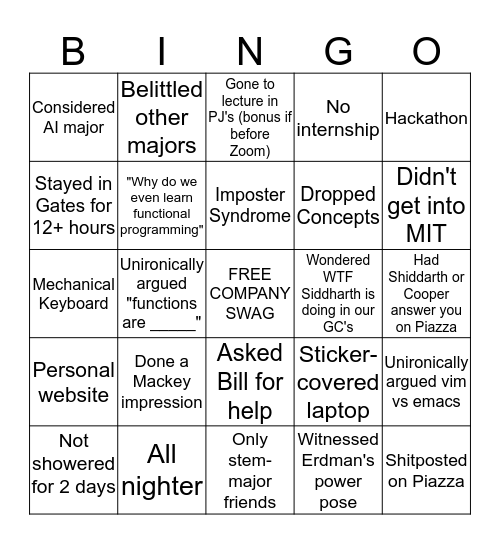 CMU SCS '23 Bingo Card