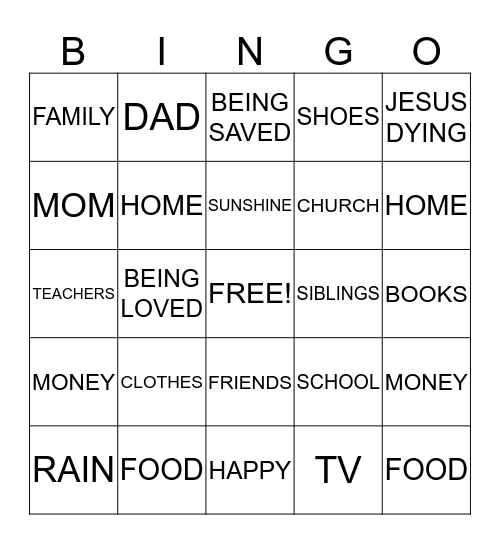 THANKFUL Bingo Card