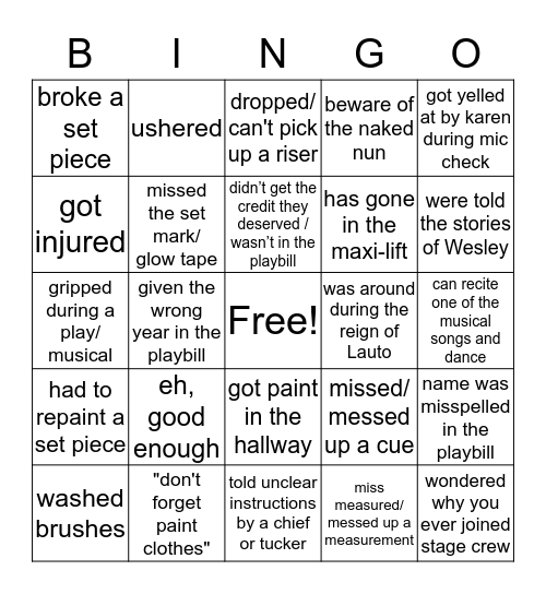 SA Stage Crew Bingo Card