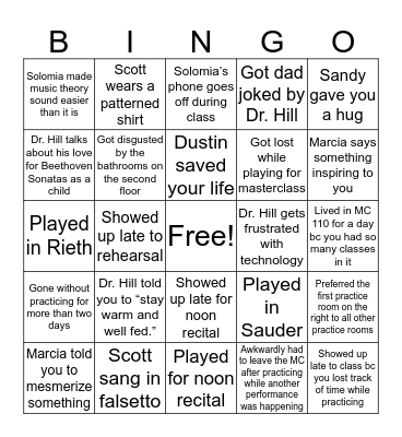 Goshen College Music Bingo Card