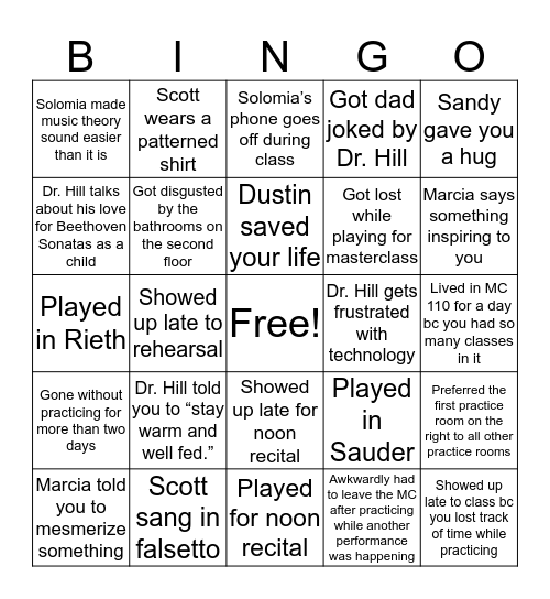 Goshen College Music Bingo Card