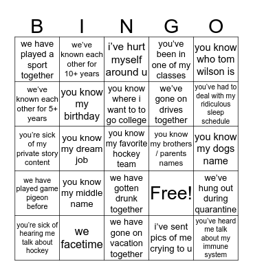 grace’s Bingo Card