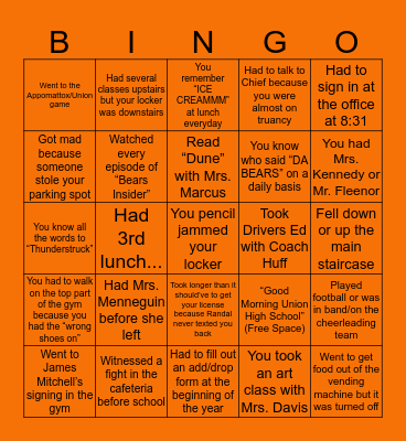 Union High School Bingo Card