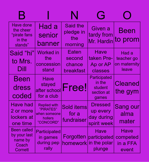 Concord School Bingo Card