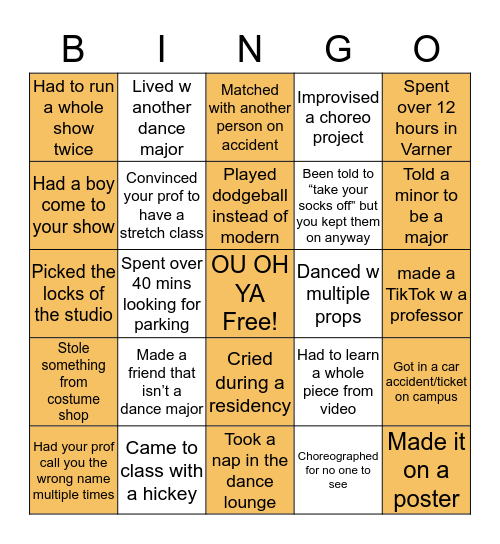 OU dance program Bingo Card