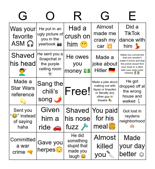 George Waller Bingo 2020 Bingo Card
