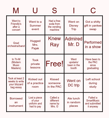 TIMBERLANE MUSIC DEPARTMENT BINGO Card