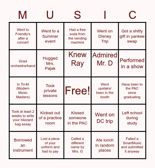 TIMBERLANE MUSIC DEPARTMENT BINGO Card