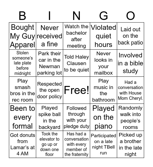 Phi Kap Bingo Card