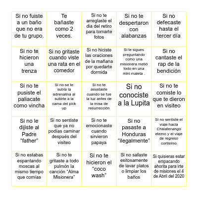 No fuiste misionera si... Bingo Card