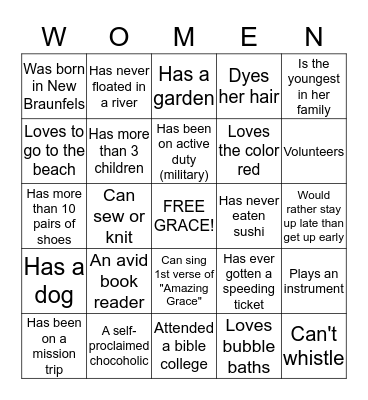 NBBC Ladies Icebreaker Bingo Card