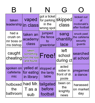CHANTILLY HIGH SCHOOL Bingo Card