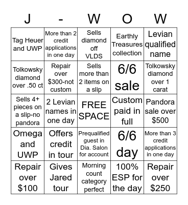 JARED-Wow Bingo Card