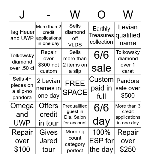 JARED-Wow Bingo Card