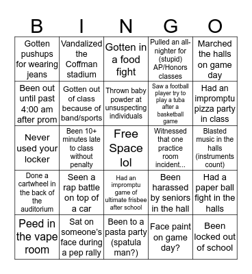 Dublin Jerome High School Bingo Card