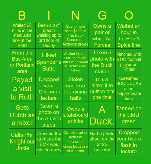 OREGON DUCKS EDITION 🦆 Bingo Card