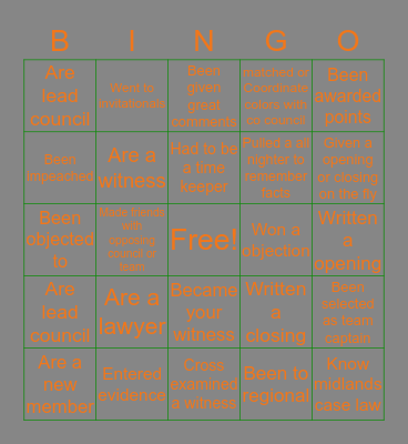 UTRGV Mock Trial Bingo Card