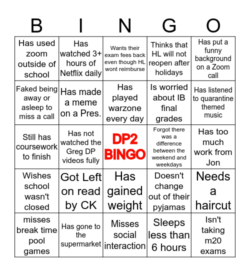 DP2 Bingo (Quarantine Edition) Bingo Card