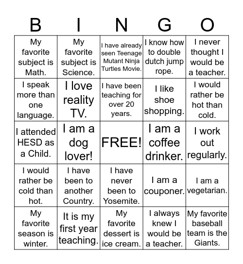 Getting to Know You Bingo Card