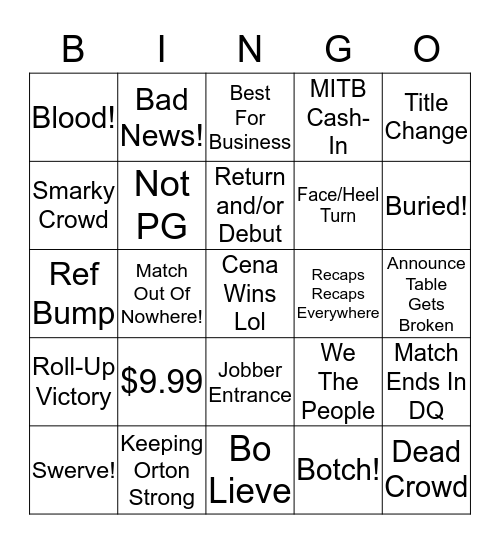 WWE SummerSlam Bingo Card