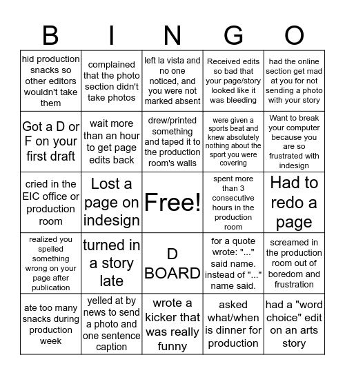 La Vista Bingo Card