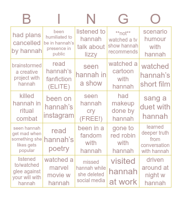 Hannah Bingo Card