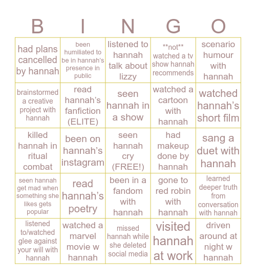 Hannah Bingo Card