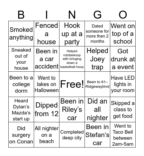 Full Send Bingo Card