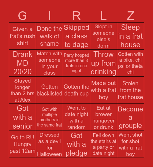 Rutgers Girlz Bingo Card