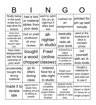 Sam Fox Architecture Bingo Card