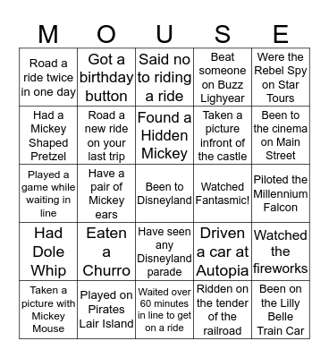 Disneyland Bingo Card